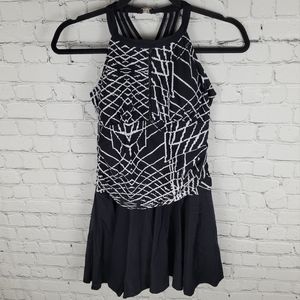 Geographic print boy short strappy swim dress